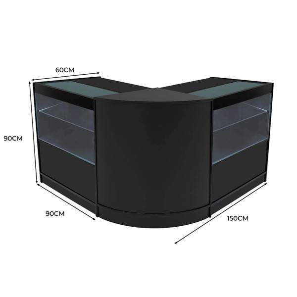 Black Selene LED shop counter set featuring a sleek, modern design with glass display shelves and rounded edges, measuring 150cm by 90cm