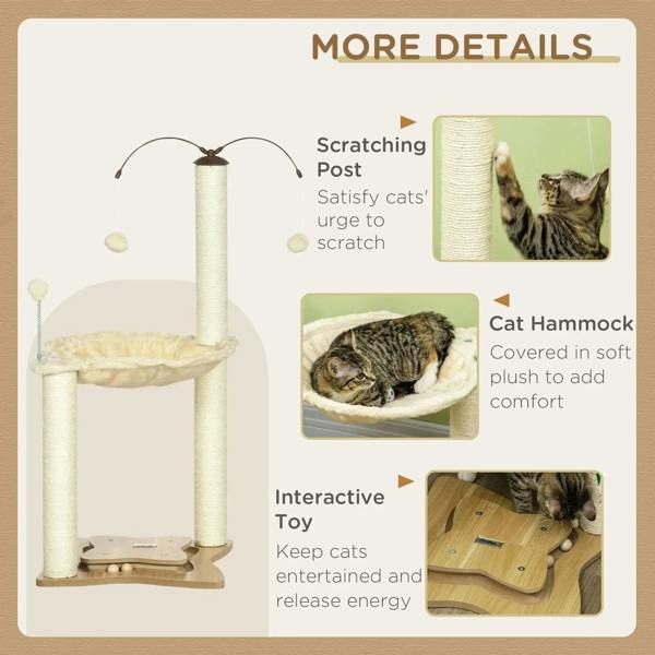 Beige cat tree with hammock and scratching post, product details view