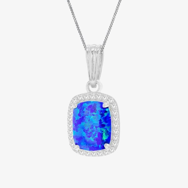 T. H. Baker Silver Blue Synthetic Opal & Cubic Zirconia Rectangle Necklace 8.68.7107