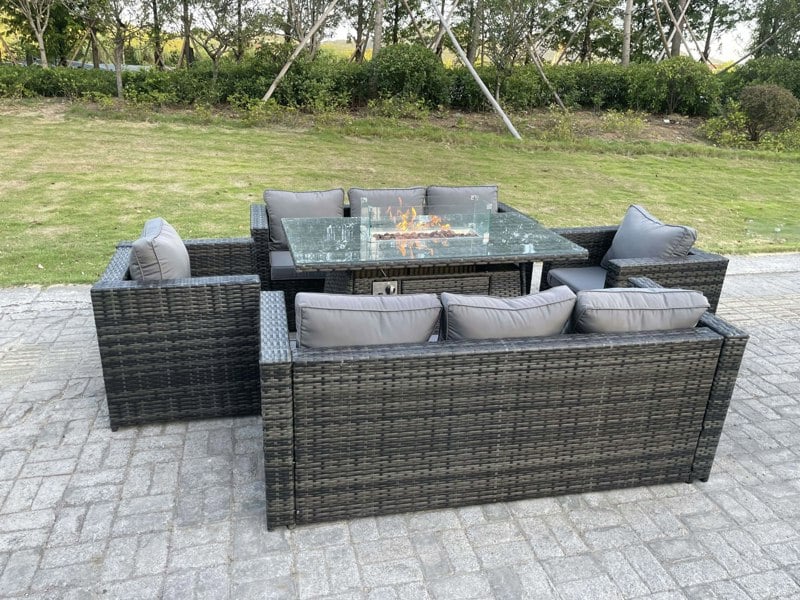 Fimous Outdoor 8 Seater Rattan Lounge & Dining Set | Gas Fire Pit Table & Heater, Chairs - Dark Grey