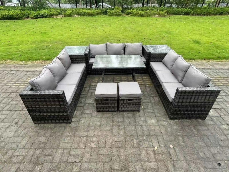 Fimous Wicker PE Rattan Outdoor Furniture Lounge Sofa Garden Dining Set with Dining Table 2 Side Tables 2 Small Footstools Dark Grey Mixed