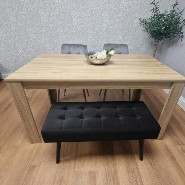 Kosy Koala Oak Effect Dining Table Set With 2 Grey Velvet Chairs And 1 Black Bench Dining Room Furniture