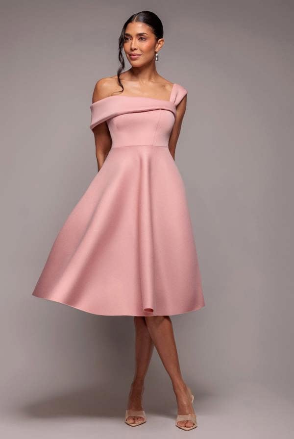 One Shoulder A Line Midi Dress - Blush Pink DR4949