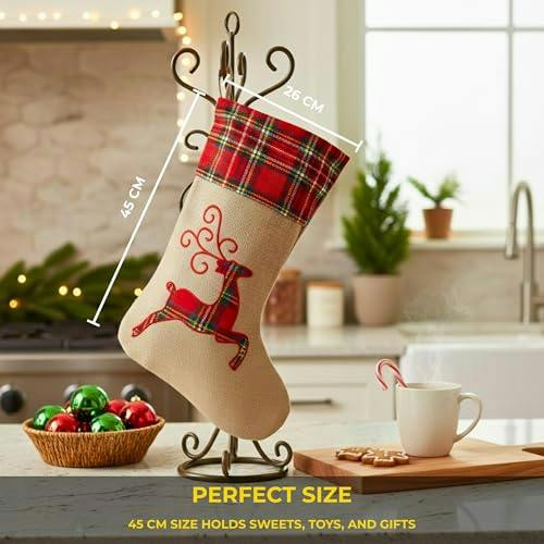 Large Christmas Stocking Reindeer Print Hessian Hanging Sack for Festive Home Decorations image 4