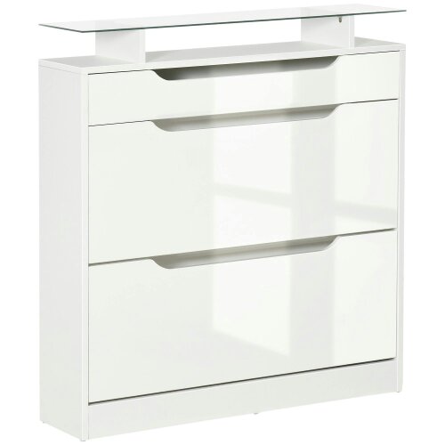 Wyld Haus Masola Wooden White Shoe Cabinet With Sliding Drawer 2 Flip Doors And Glass Top