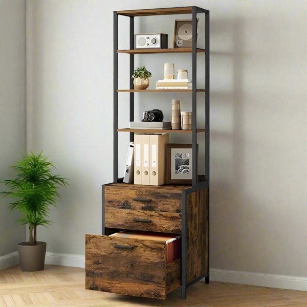 Tall office filing cabinet with 3 drawers and open shelves

