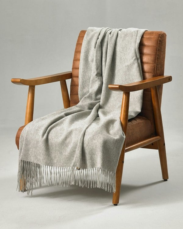 Grey Classic Plain Tassel Hem Brushed Alpaca Blend Throw