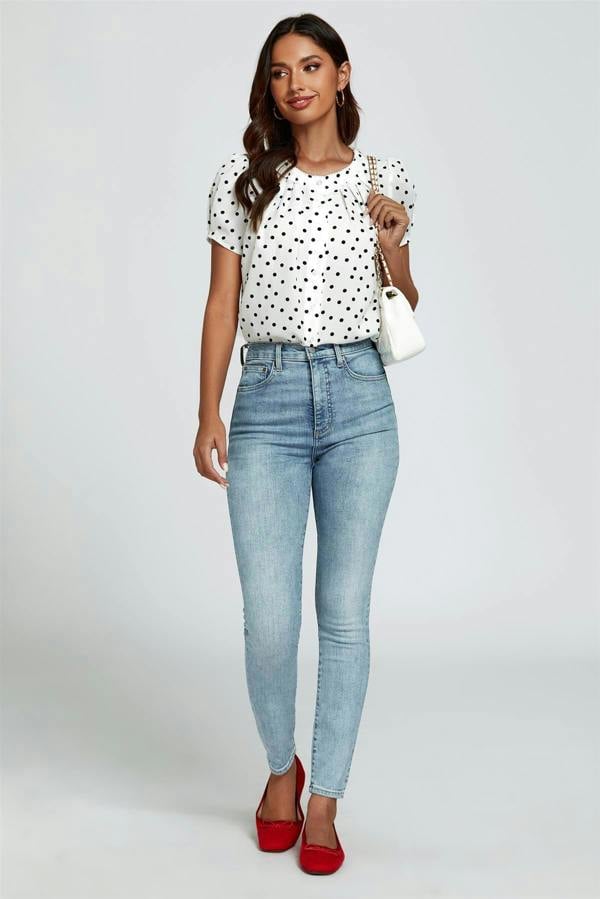 FS Collection Dot Print Short Sleeves Top In White