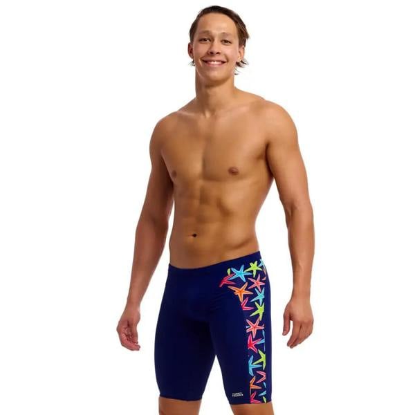 Blue Starry Night Swim Training Jammers with neon starfish accents