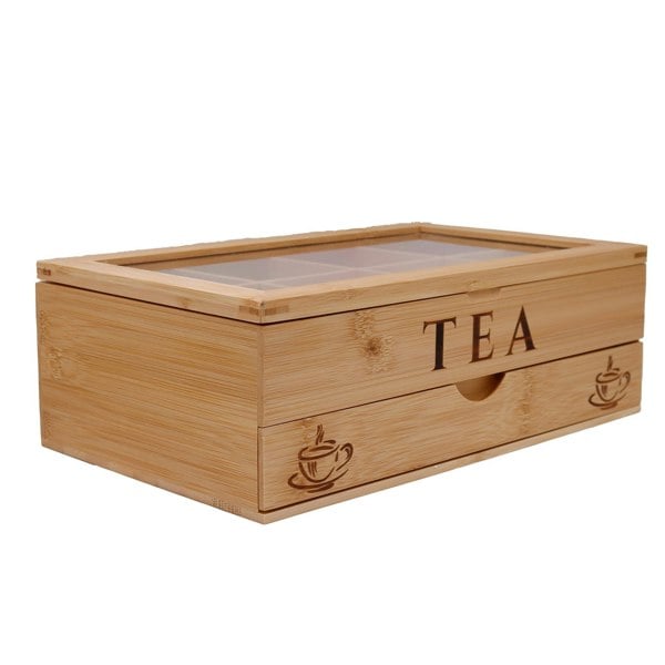 Wooden tea box with 'TEA' and cup designs on a white background