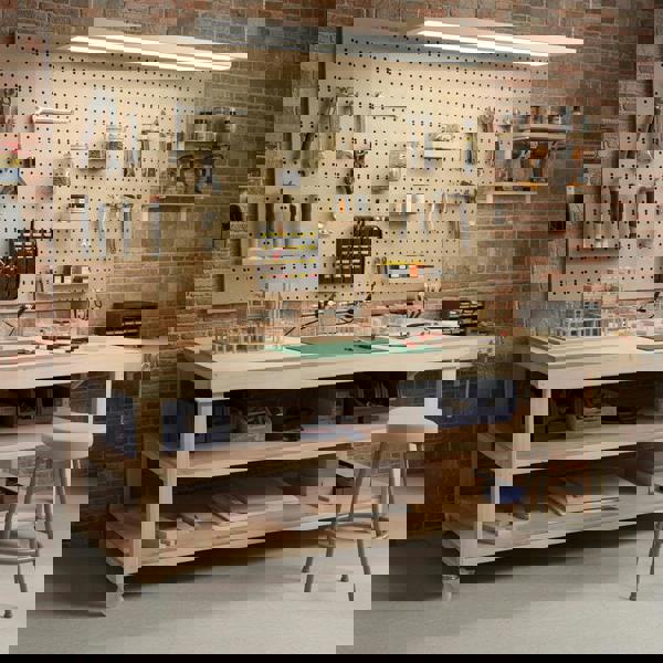 Arbor Garden Solutions Wooden Workbench Eucalyptus Hardwood Top Depth-4ft Double Shelf and Wheels