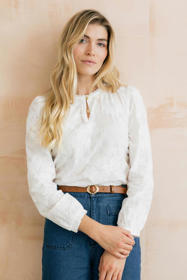 Lily & Me Emily Embroidered Cotton Keyhole Blouse White