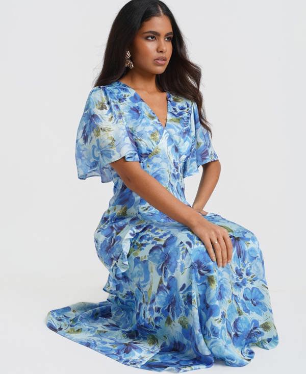 Ruffle Blue Floral Occasion Midi Dress