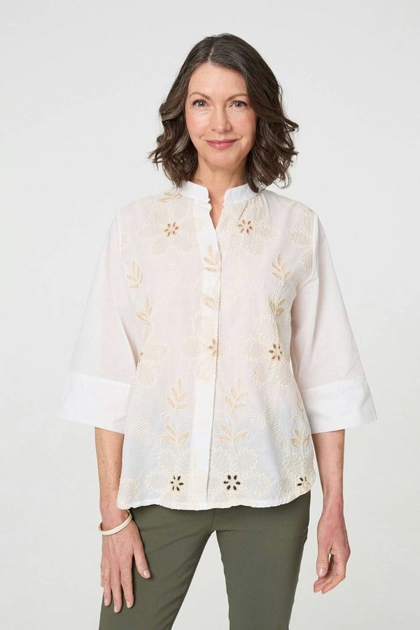 White | Floral Embroidered Texture V-Neck Blouse
