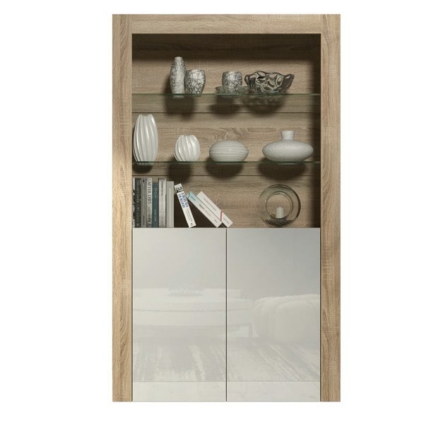 Mex Furniture Tall Display Cabinet 170cm Oak Matt Body and White Gloss Doors – Modern Open Shelving Unit