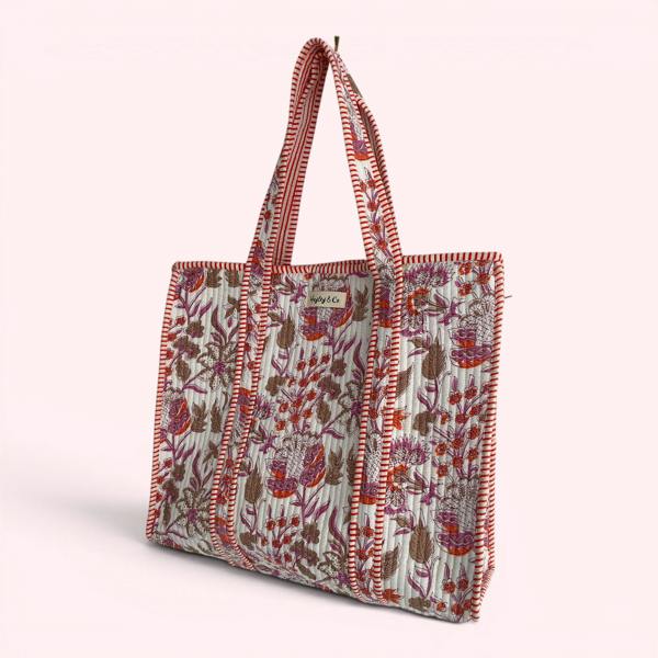 Hayley & Co Pink and Orange Floral Quilted Cotton Tote Bag