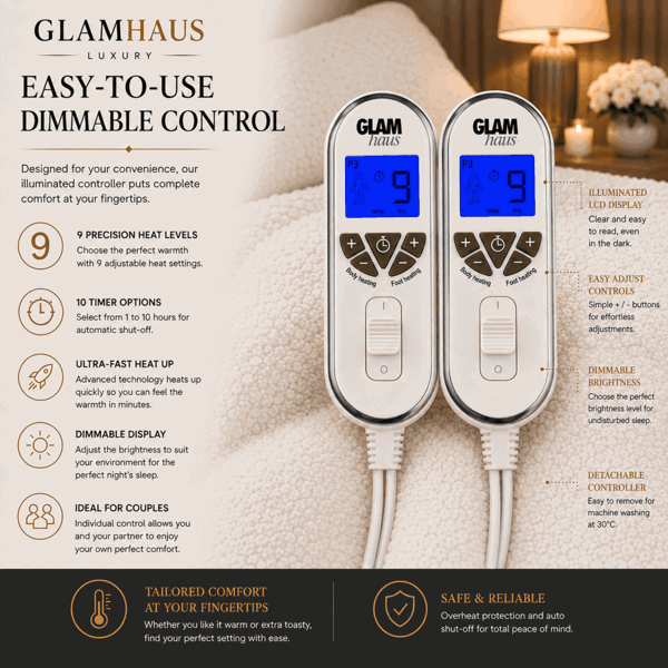 GlamHaus Prestige Electric Blanket King Size With 9 Body Settings, 9 Feet Settings, 9 Full Body Settings, 10 Timer Settings