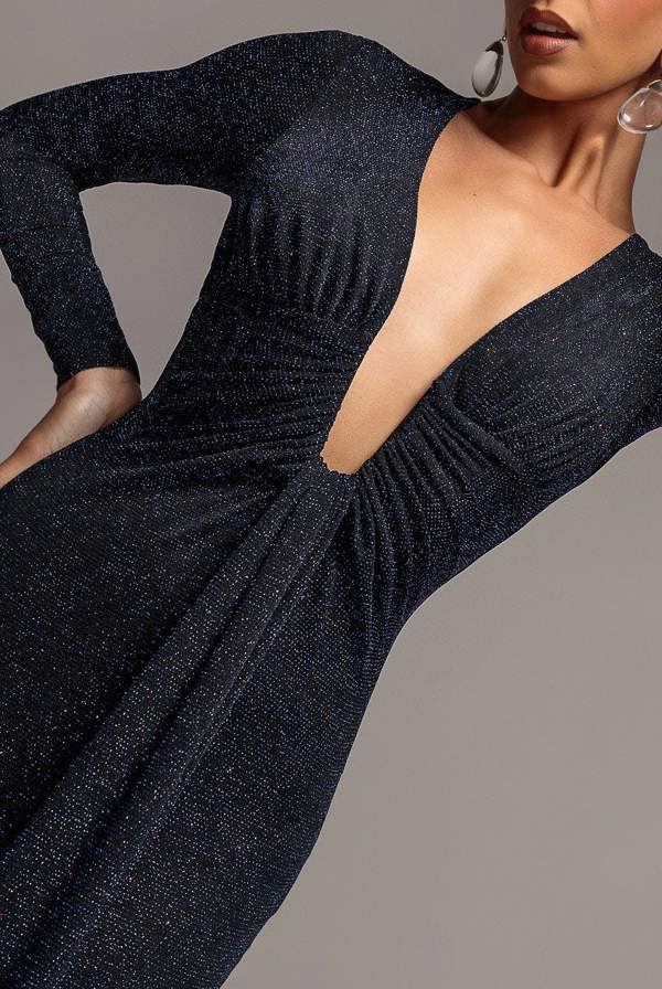 Plunge Neck Long Sleeve Front Draped Lurex Maxi Dress - Navy Blue DR5231