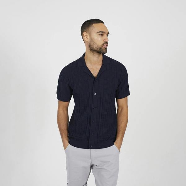 Brave Soul Navy Knitted Short Sleeve Shirt - Navy Image 1
