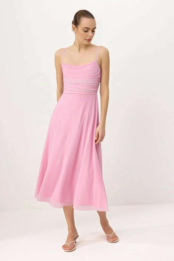 WOVCOR A-Line Pool Neck Thin Strap Tulle Knit Dress