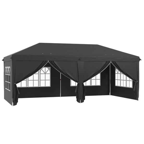 Black pop-up canopy tent with side panels and window curtains, open entrance section