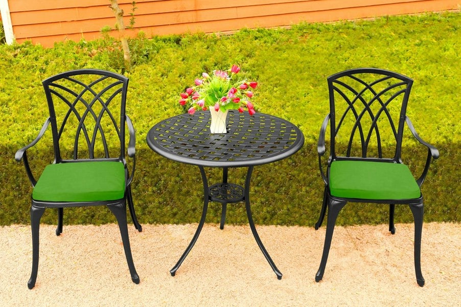 Centurion Supports OSHOWA Luxurious Garden and Patio Table and 2 Large Chairs with Armrests Cast Aluminium Bistro Set - Black with Green Cushions