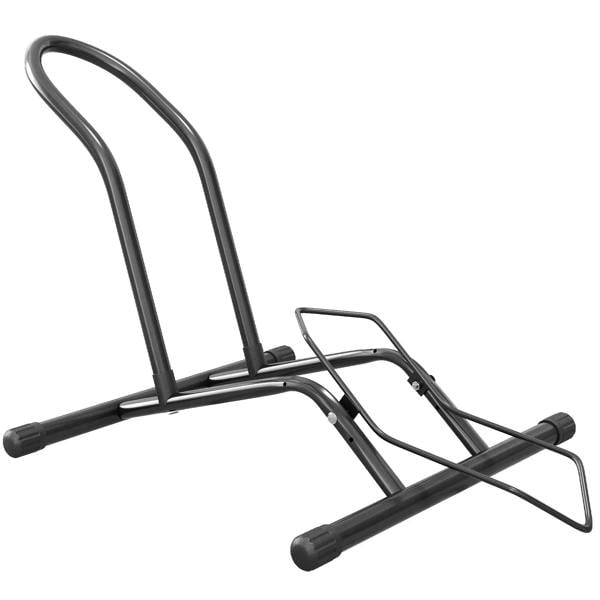 Portable freestanding bike floor stand, black steel frame with wheel supports