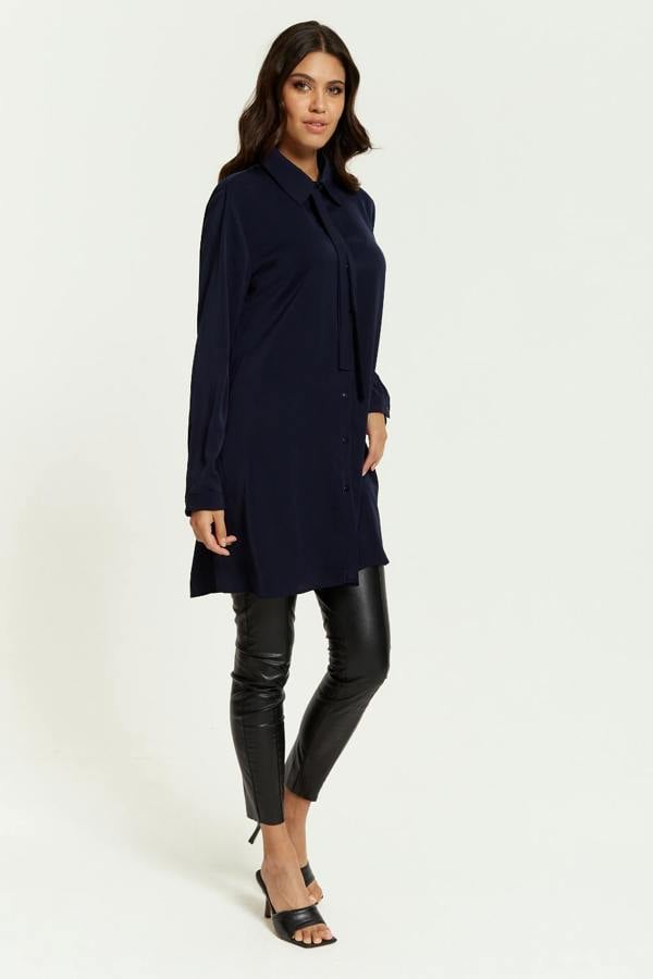 Hoxton Gal Oversized Tie Detailed Shirt Tunic with Long Sleeves in Navy