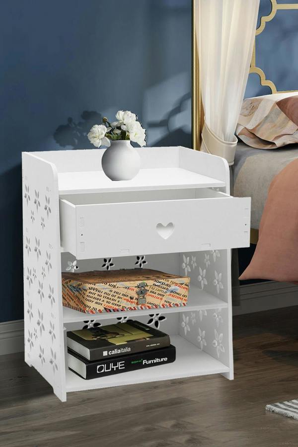 Living and Home 4-tier Hollow Carved Flower Pattern Wooden Side Table Nightstand with Drawer for Bedroom White