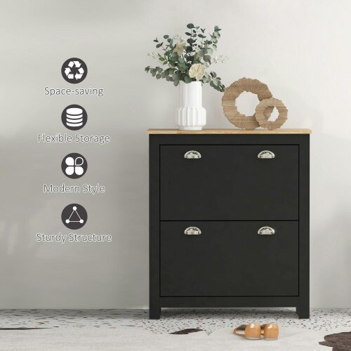 Wyld Haus Resuka Wooden Black Slim Shoe Cabinet With 2 Flip Drawers For 6 To 12 Pairs