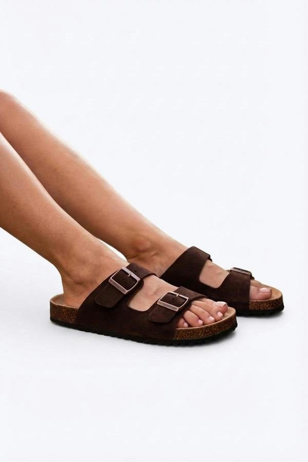 Harper Womens Double Buckle Cork Slide Sandals - BROWN_wb
