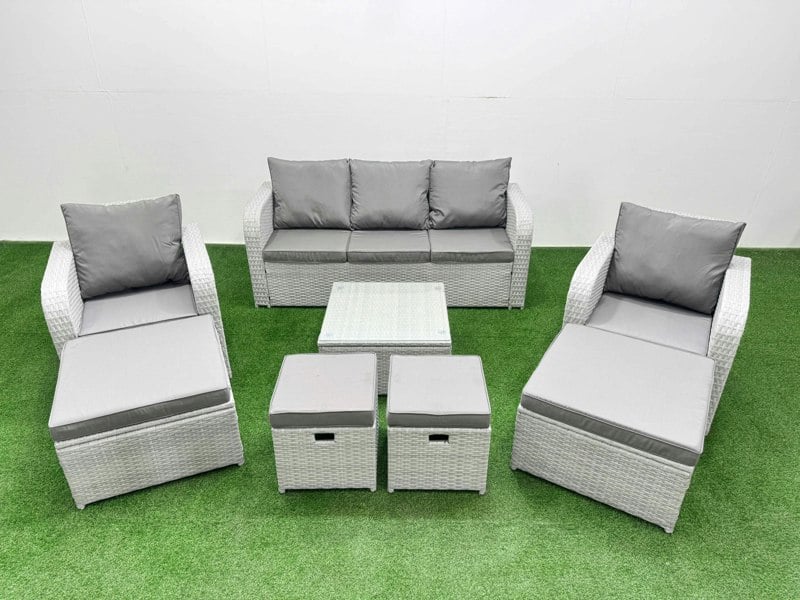 Fimous Outdoor Garden Furniture Set PE Rattan Lounge Sofa Set with Coffee Table 3 Seater Sofa 4 Footstools Light Grey