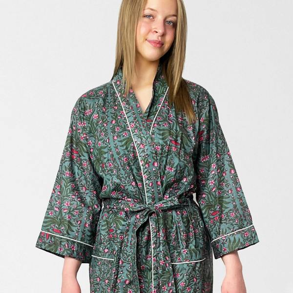 Hayley & Co Grey and Pink Flower Print 100% Cotton Dressing Gown