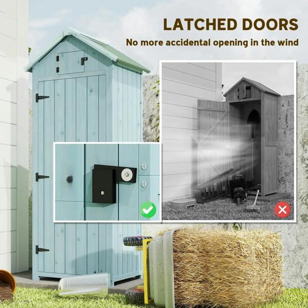 Blue wooden outdoor utility shed with latched doors and secure door hardware
