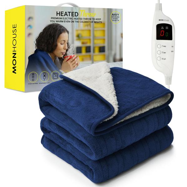 MONHOUSE Heated Electric Throw 9H Timer 9 Heat Setting Shearling Fleece Blanket