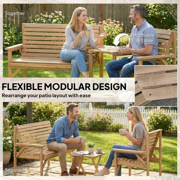 Wooden Garden Furniture Set , 1 Chair, 1 Bench and Detachable Table, Natural Wood Finish