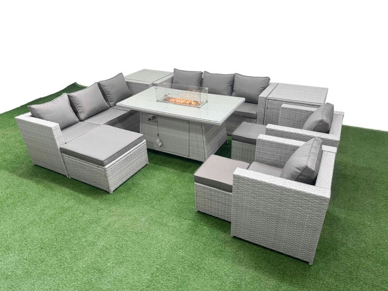 Fimous 11 Seat PE Rattan Lounge Sofa Set Outdoor Garden Furniture Set with Fire Pit Dining Table 3 Seater Sofa 3 Footstools 2 Side Table Light Grey