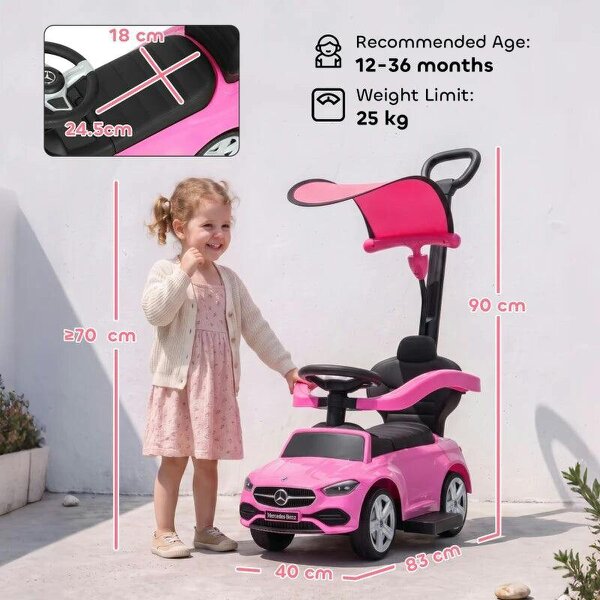 4 in 1 Licensed Benz Ride on Push Car with Handle, Canopy, Guardrails, Horn, Music, Storage for 12-36 Months, Pink