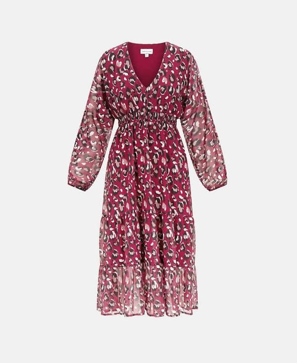Red Animal Chiffon Midi Dress
