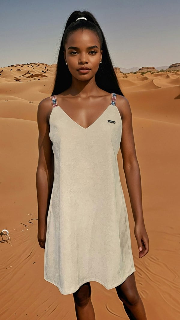 Handmade Stories Beige corduroy v neck dress
