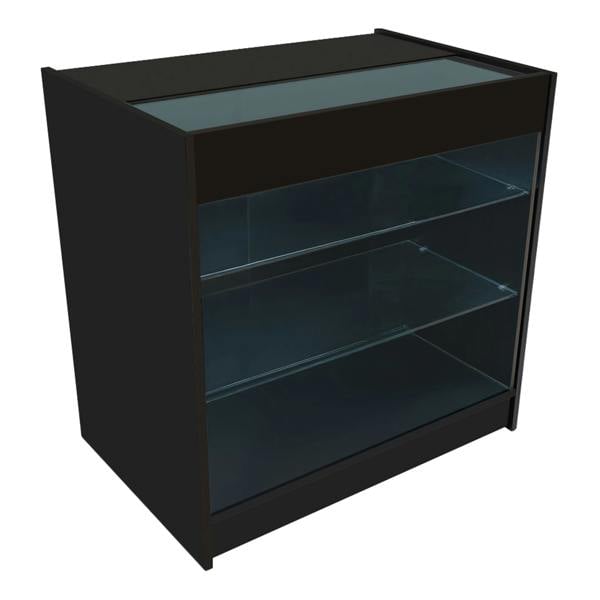 Polaris LED Shop Counter Set in black with sleek glass shelves, modern design, and illuminated top for enhanced display visibility