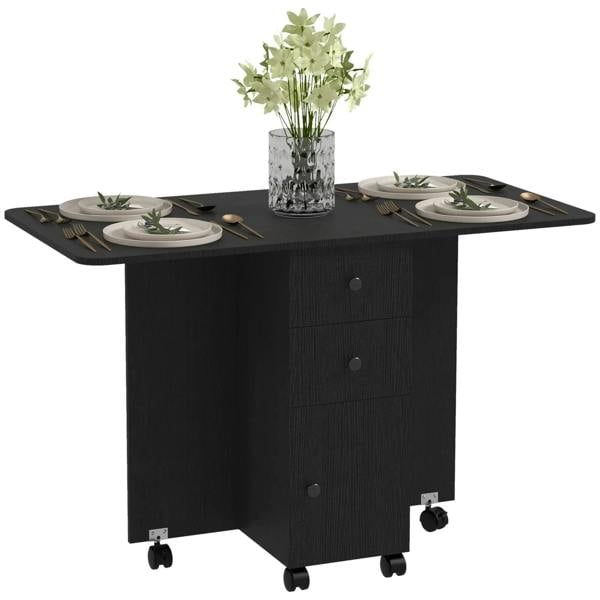 Distressed black drop-leaf dining table with storage drawers and casters, seats six