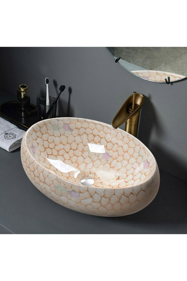 Living and Home Modern Countertop Oval Marble Bathroom Vessel Sink
