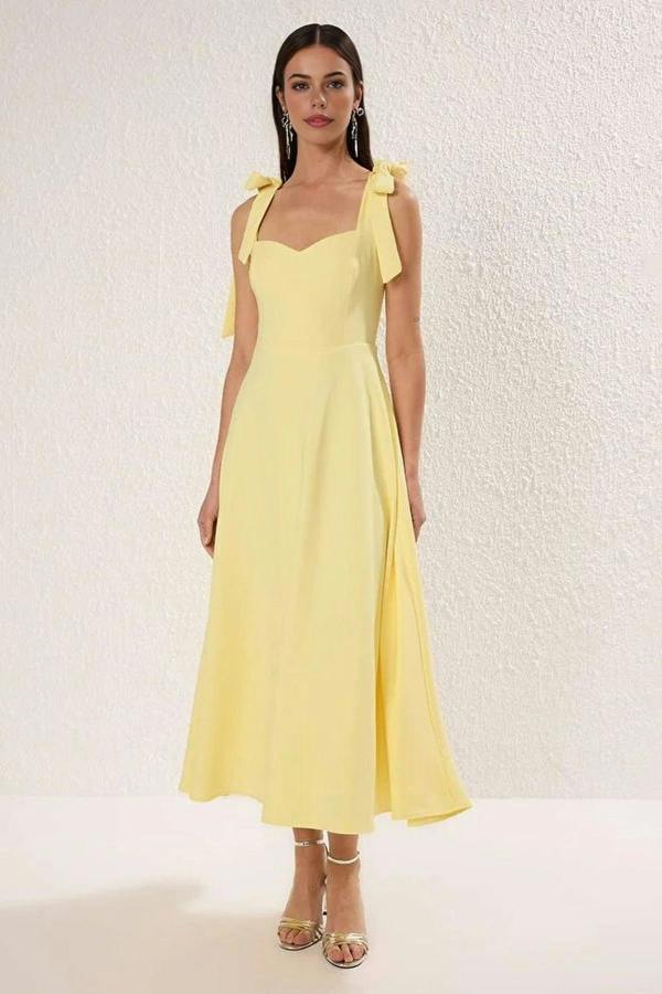WOVCOR Tie Strap Midi Dress with Sweetheart Neckline