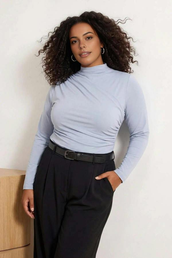WOVCOR Gathered Detail Long Sleeve Knitted Plus Size Blouse