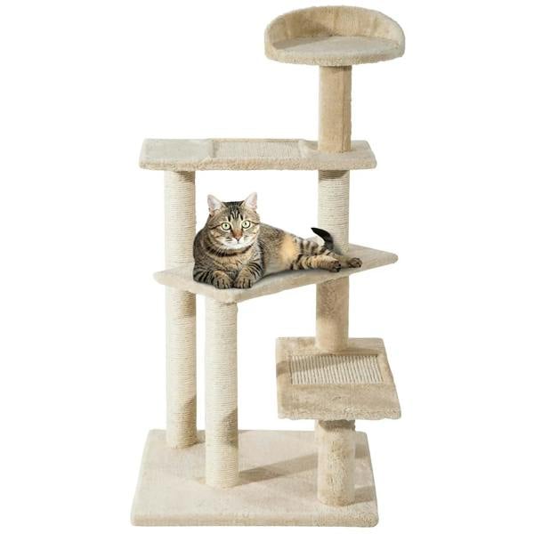 Beige cat tree with multiple levels, rounded top perch, and sisal scratching posts