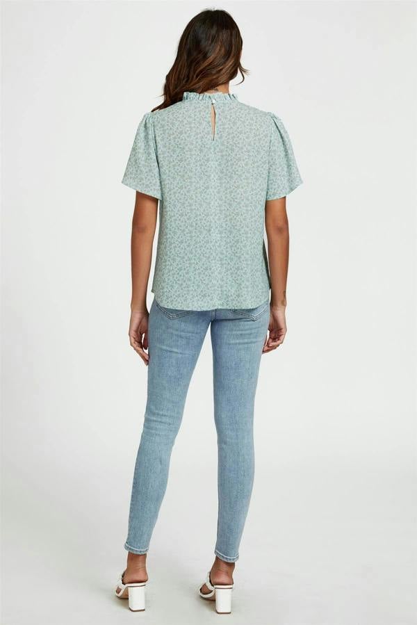 FS Collection Grey Little Floral Print Angle Sleeve High Neck Top/Blouse In Blue