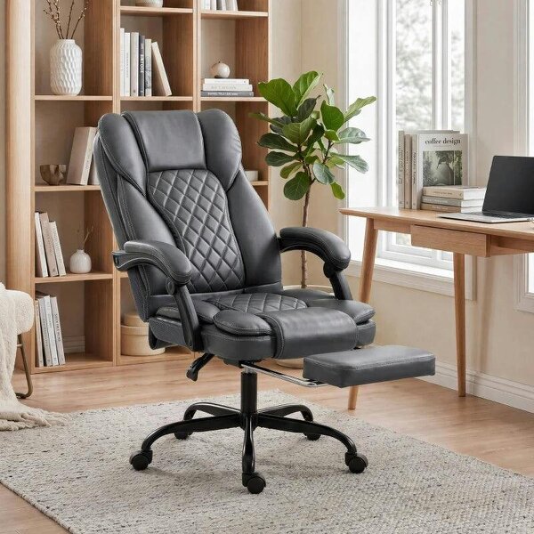 Executive Home Office Chair Reclining Function Footrest Computer Desk Chair High Back, Grey - Grey