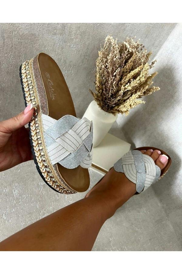 Luna Embellished Strap Braided Chunky Platform Sandals - Silver