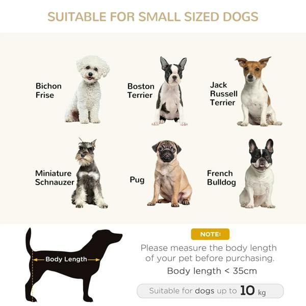 Infographic showing this grey elevated pet sofa bed is suitable for small dogs